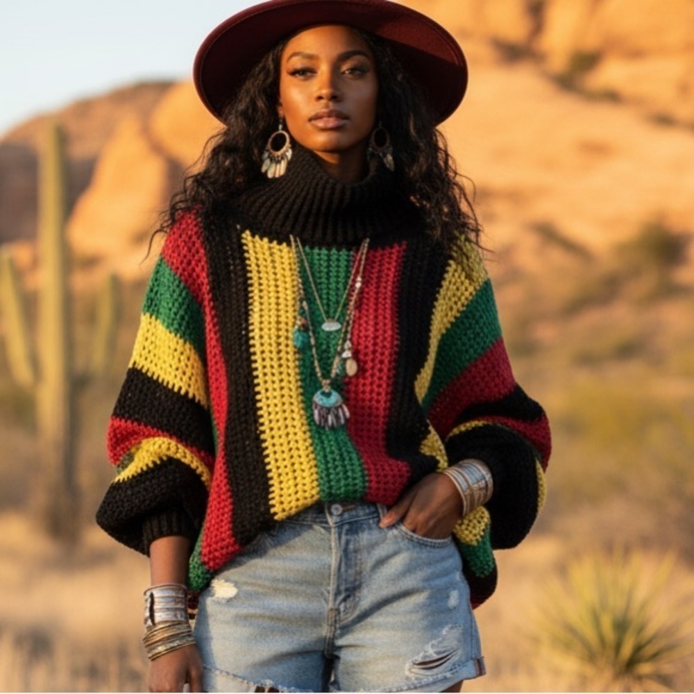 NEW Crochet Boho Pullover Sweater Puff Sleeve Turtle Neck Size L/XL